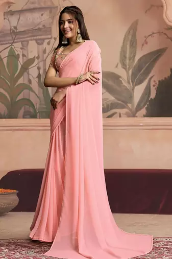 peach ready to wear poly georgette designer saree
