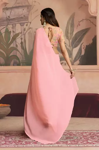 peach ready to wear poly georgette designer saree