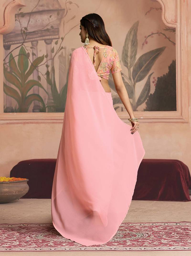 peach ready to wear poly georgette designer saree