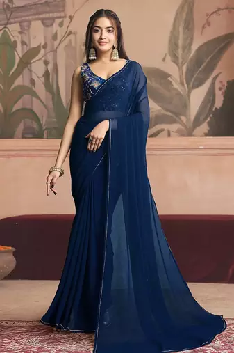 navy_blue ready to wear poly georgette designer saree