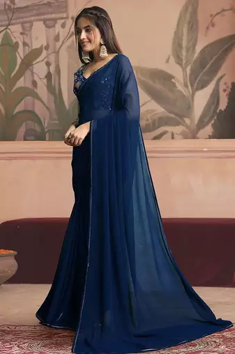 navy_blue ready to wear poly georgette designer saree