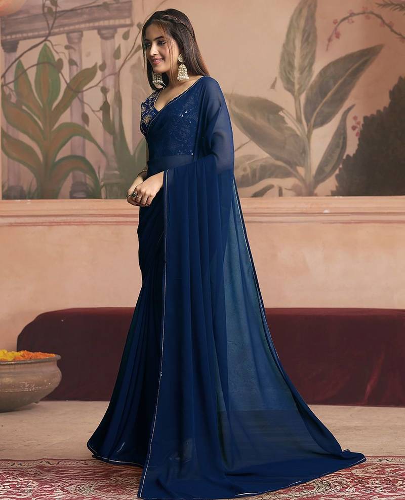 navy_blue ready to wear poly georgette designer saree
