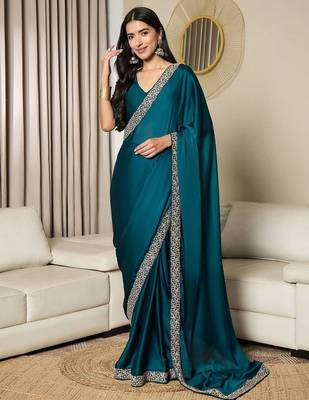 blue satin ready to wear saree with blouse piece 1