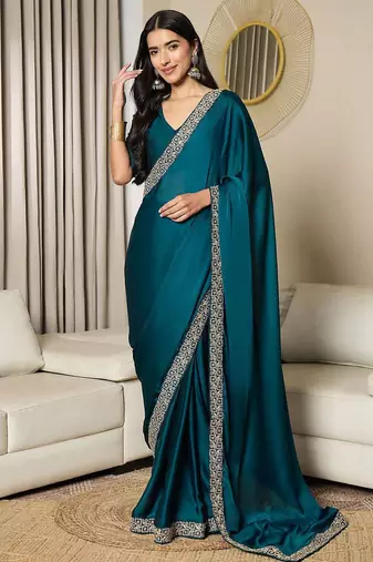 blue satin ready to wear saree with blouse piece