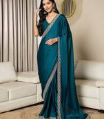 blue satin ready to wear saree with blouse piece