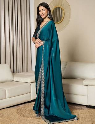 blue satin ready to wear saree with blouse piece 2