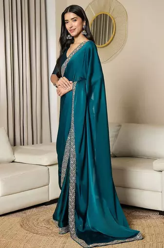 blue satin ready to wear saree with blouse piece