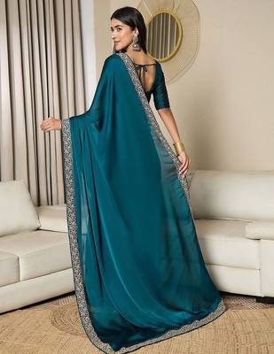 blue satin ready to wear saree with blouse piece 3