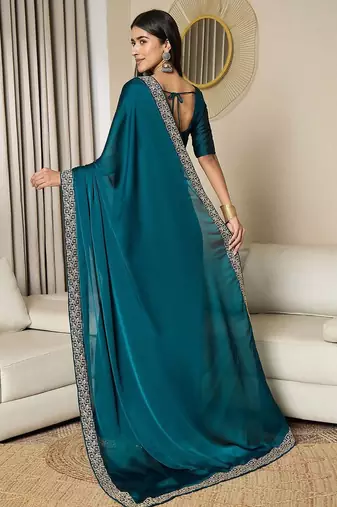 blue satin ready to wear saree with blouse piece