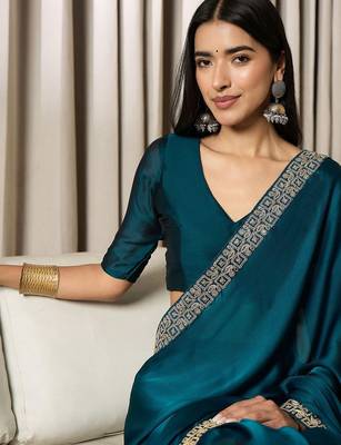 blue satin ready to wear saree with blouse piece 4