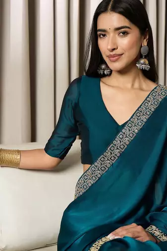 blue satin ready to wear saree with blouse piece