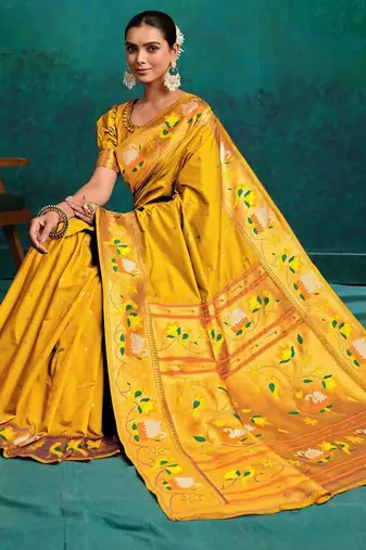 mustard ethnic motifs woven design zari paithani saree