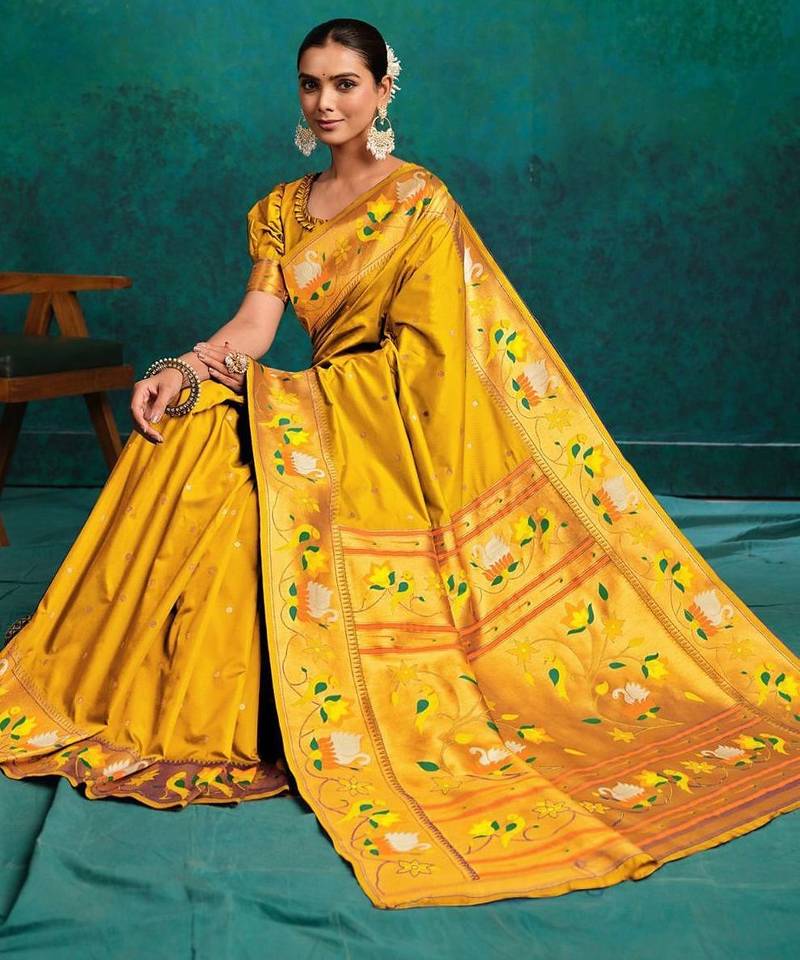 mustard ethnic motifs woven design zari paithani saree