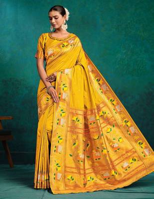 mustard ethnic motifs woven design zari paithani saree 2