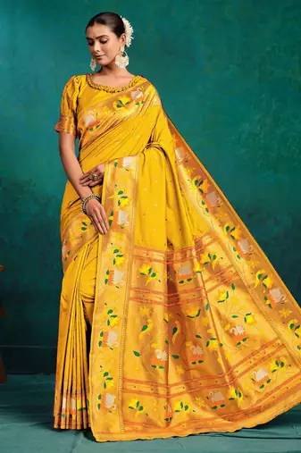 mustard ethnic motifs woven design zari paithani saree