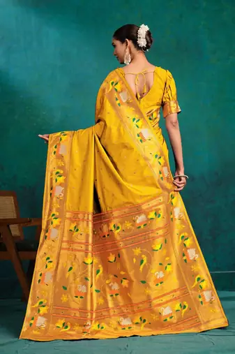 mustard ethnic motifs woven design zari paithani saree