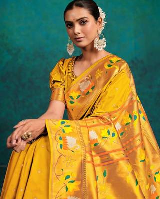 mustard ethnic motifs woven design zari paithani saree 4