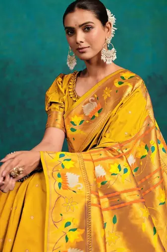 mustard ethnic motifs woven design zari paithani saree