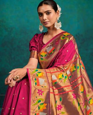 pink woven designed zari paithani saree 1