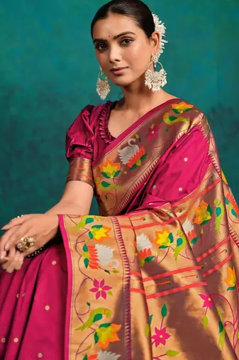 pink woven designed zari paithani saree