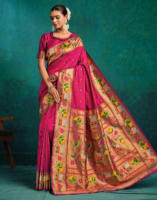 pink woven designed zari paithani saree 2