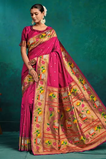 pink woven designed zari paithani saree