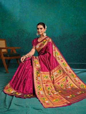 pink woven designed zari paithani saree 4
