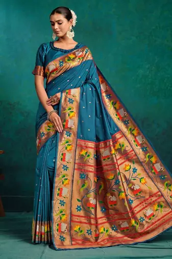 green woven designed zari paithani saree