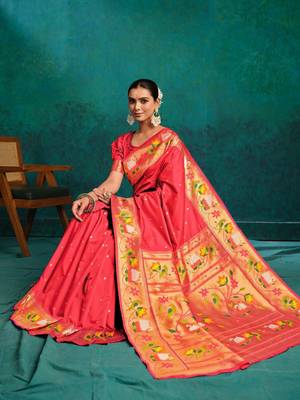 pink woven design zari paithani saree 1