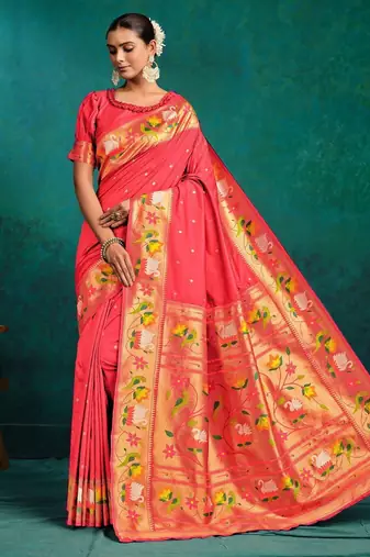 pink woven design zari paithani saree