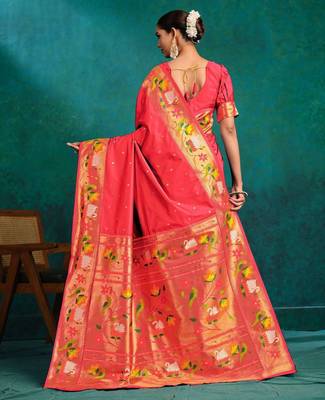 pink woven design zari paithani saree 3