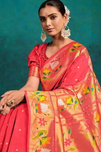 pink woven design zari paithani saree