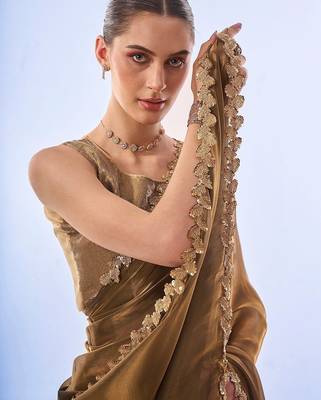 gold embellished sequinned organza saree 1