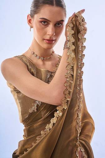 gold embellished sequinned organza saree