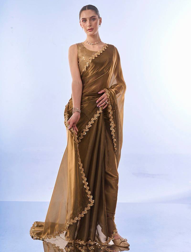 gold embellished sequinned organza saree