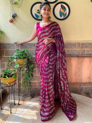 purple embellished sequinned poly georgette saree 1