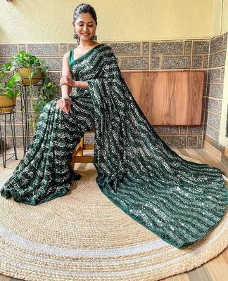 green sequinned poly georgette saree 2