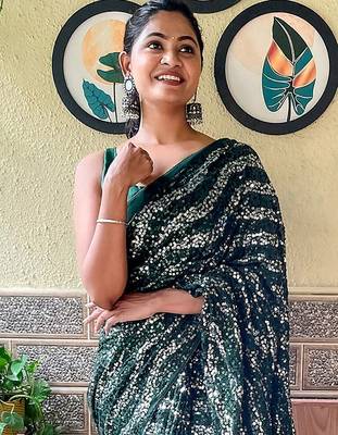 green sequinned poly georgette saree 3