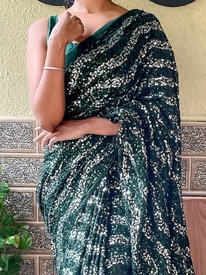 green sequinned poly georgette saree 4