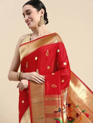 red woven design silk blend paithani saree 1