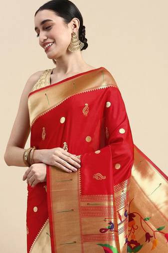 red woven design silk blend paithani saree