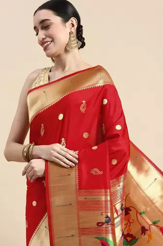 red woven design silk blend paithani saree