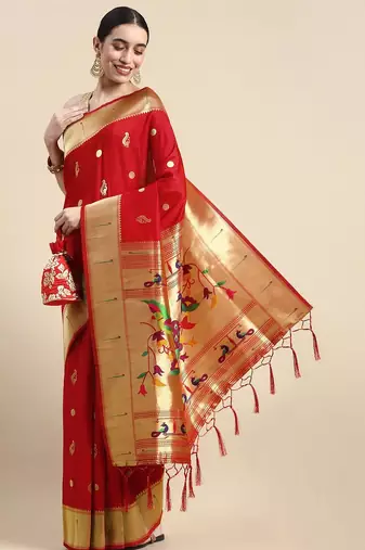 red woven design silk blend paithani saree