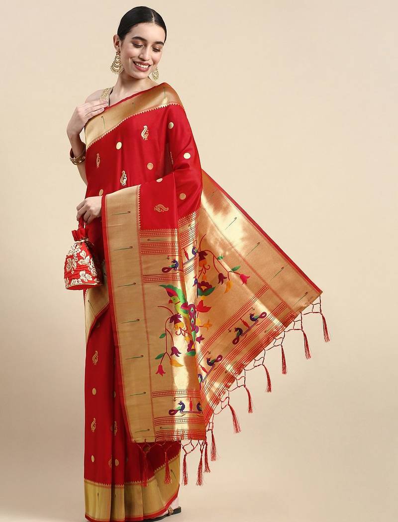 red woven design silk blend paithani saree
