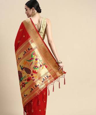 red woven design silk blend paithani saree 3