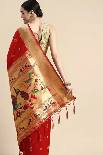 red woven design silk blend paithani saree