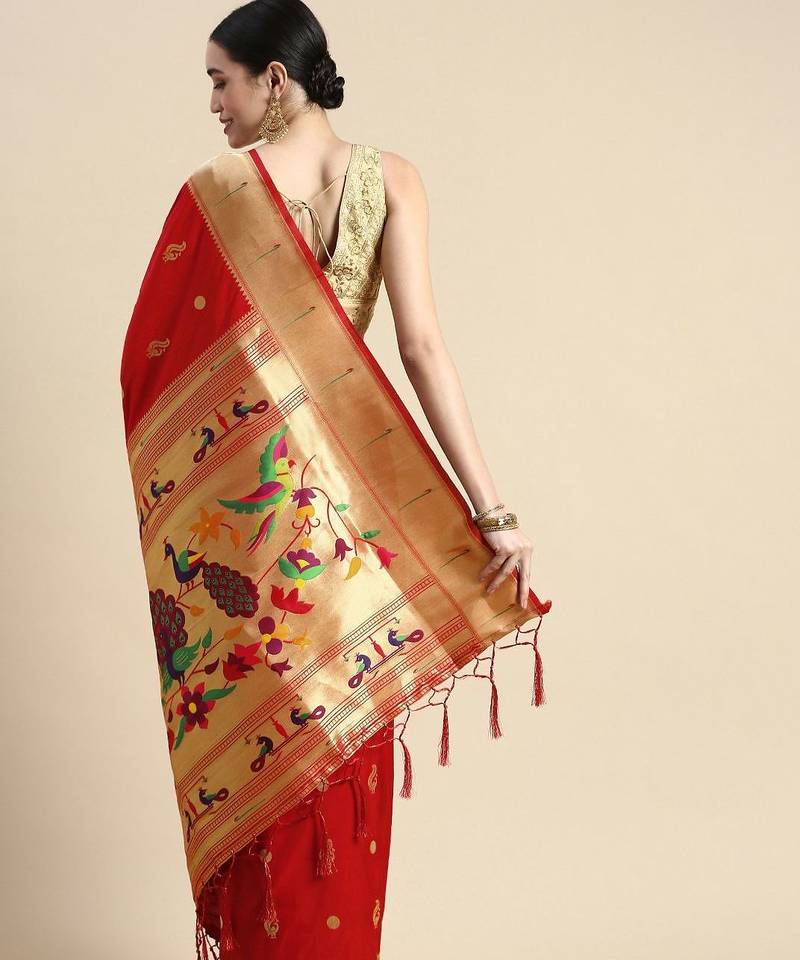 red woven design silk blend paithani saree