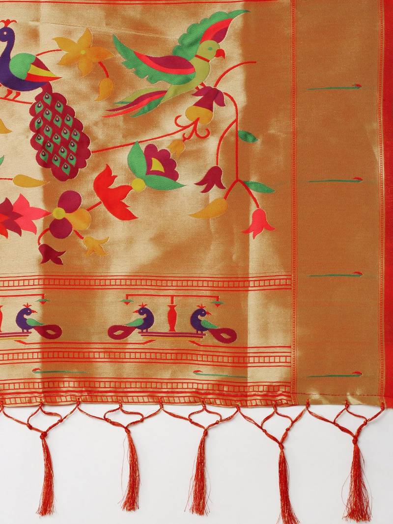 red woven design silk blend paithani saree