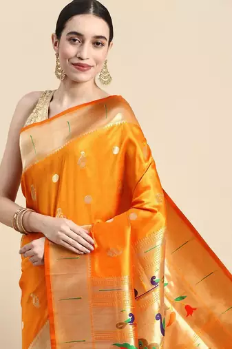 orange woven design silk blend paithani saree