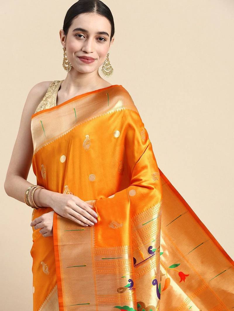 orange woven design silk blend paithani saree